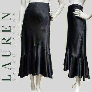 LAUREN RALPH LAUREN Silk Black Trumpet Midi Skirt High-Low Zipper Lined Size 14